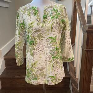 Peter Millar Green and White Floral V-Neck 3/4 Sleeve Cotton Top Size Medium